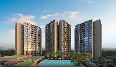 SKYi Park towers with the podium swimming pool and landscaped deck in the foreground