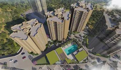 Aerial view of the SKYi Park towers and podium amenities