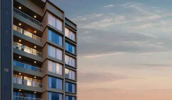SKYi Park tower facade with private balconies at dusk